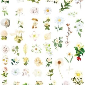 100PCS White Flowers Scrapbook Stickers Kit Various Flowers  Transparent Waterproof Stickers Set for Junk Journal Journaling Water Bottles Phone Laptop Decals Pack for Teens Girls Kids Adults