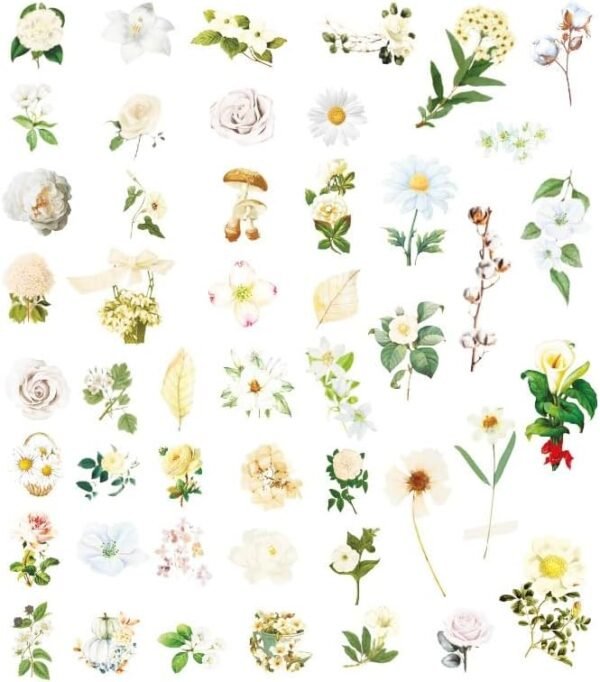100PCS White Flowers Scrapbook Stickers Kit Various Flowers  Transparent Waterproof Stickers Set for Junk Journal Journaling Water Bottles Phone Laptop Decals Pack for Teens Girls Kids Adults