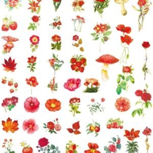100PCS Red Flowers Scrapbook Stickers Kit Various Flowers  Transparent Waterproof Stickers Set for Junk Journal Journaling Water Bottles Phone Laptop Decals Pack for Teens Girls Kids Adults