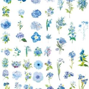 100PCS Blue Flowers Scrapbook Stickers Kit Various Flowers  Transparent Waterproof Stickers Set for Junk Journal Journaling Water Bottles Phone Laptop Decals Pack for Teens Girls Kids Adults