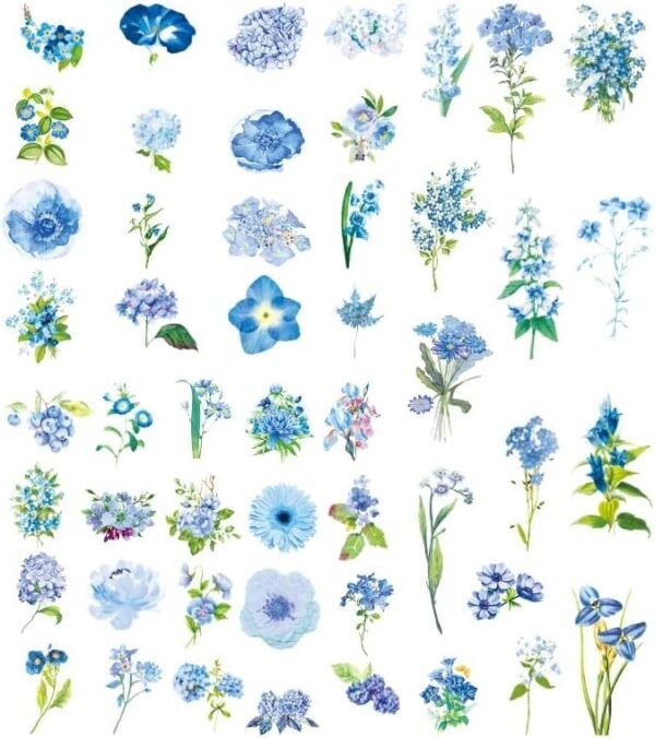 100PCS Blue Flowers Scrapbook Stickers Kit Various Flowers  Transparent Waterproof Stickers Set for Junk Journal Journaling Water Bottles Phone Laptop Decals Pack for Teens Girls Kids Adults