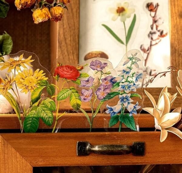 100PCS Lovely Flowers Scrapbook Stickers Kit Various Flowers  Transparent Waterproof Stickers Set for Junk Journal Journaling Water Bottles Phone Laptop Decals Pack for Teens Girls Kids Adults