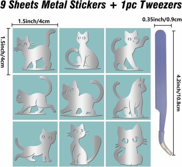 9Pcs 9 Styles Metal Cat Stickers Silver Metal Decals 1.5 x 1.5in Self Adhesive Waterproof Cartoon Kitty Animal Stickers with Tweezers for Scrapbooks  Resin Crafts Phone Card Making Decor