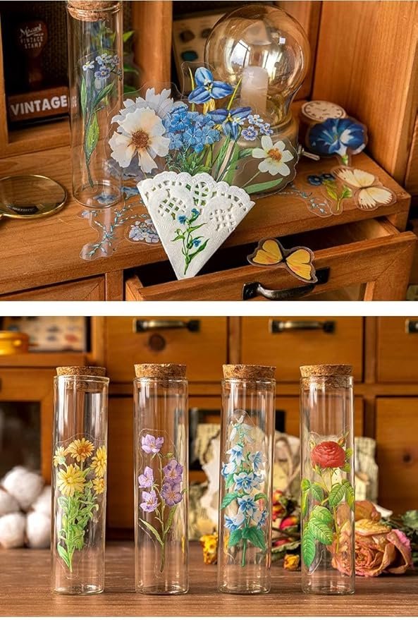 100PCS Blue Flowers Scrapbook Stickers Kit Various Flowers  Transparent Waterproof Stickers Set for Junk Journal Journaling Water Bottles Phone Laptop Decals Pack for Teens Girls Kids Adults