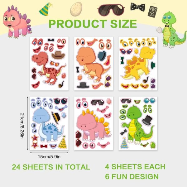 Animal Children's Sticker Stickers, A Face Making Sticker,  Sticker, Dinosaur Sticker Set Design for Craft Party Decoration Gift (Pack of 24)