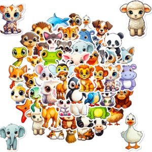Pack of 50 Cartoon Animal Stickers Set, Cute Animal Stickers, Waterproof Vinyl Stickers, Aesthetic Stickers, Scrapbook, Contains 50 Different Animals