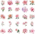 Pack of 50 Scrapbook Stickers, Pink Sticker Flowers, Cherry Blossom, Peach Blossom, Lotus Sticker Set, Flower Stickers for Scrapbooks, Photo Albums, Diaries, Water Bottles, Notebooks