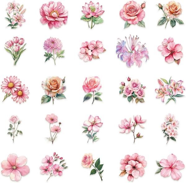 Pack of 50 Scrapbook Stickers, Pink Sticker Flowers, Cherry Blossom, Peach Blossom, Lotus Sticker Set, Flower Stickers for Scrapbooks, Photo Albums, Diaries, Water Bottles, Notebooks