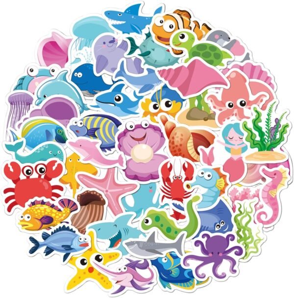 Pack of 50 Sea Life Stickers, Animal Cartoon Stickers, Vinyl Stickers for Children Girls, Waterproof Vinyl Stickers Set for Water Bottles, Bicycle, Scooter, Helmet, Notebook, Children's Birthday Party