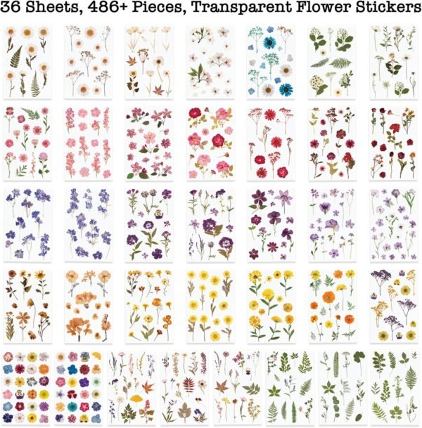 Pressed Flower Themed Stickers (Assorted 486 Pieces, 36 Sheets) Dried Floral Resin Stickers Decals Botanical Journaling Sticker for Scrapbook Supplies Junk Journal Bullet Journal Planner Laptop