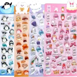 3D Puffy Stickers Set, 4 Sheets Kawaii Animal Food Designs, 200+ Resin Bubble Stickers for Laptop and Water Bottle Decoration  Crafts