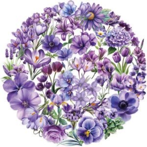 Aesthetic Flower Stickers, 50 Pieces, Fantasy Purple Flowers Sticker Set for Journal, Laptop, , Scrapbooking, Motorcycle, , Bicycle, Skateboard, Suitcase, Waterproof, Transparent