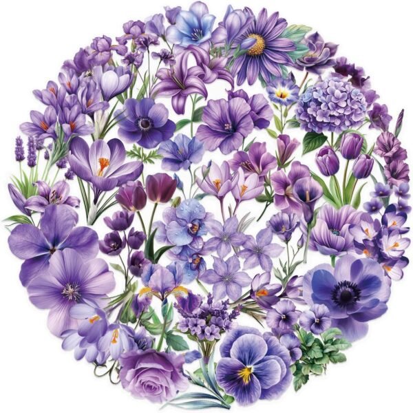 Aesthetic Flower Stickers, 50 Pieces, Fantasy Purple Flowers Sticker Set for Journal, Laptop, , Scrapbooking, Motorcycle, , Bicycle, Skateboard, Suitcase, Waterproof, Transparent