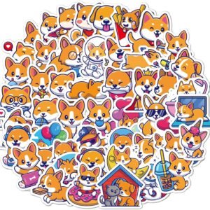 Pack of 50 Cute Animal Stickers Corgi Stickers, Vinyl Stickers for Children Girls, Waterproof Vinyl Stickers Set for Water Bottles, Bicycle, Scooter, Helmet, Notebook, Children's Birthday