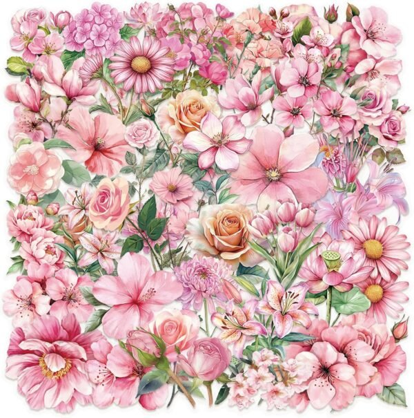 Pack of 50 Scrapbook Stickers, Pink Sticker Flowers, Cherry Blossom, Peach Blossom, Lotus Sticker Set, Flower Stickers for Scrapbooks, Photo Albums, Diaries, Water Bottles, Notebooks