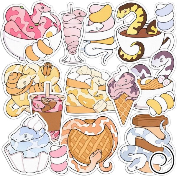 Mertak - 17 PCS - Sticker Pack for Laptop Snakes for Notebook Cute for Luggage Set for Water Bottle for Kids Ball Python Kawaii Vinyl for Scrapbooking Food Waterproof Pie Decals for Planner