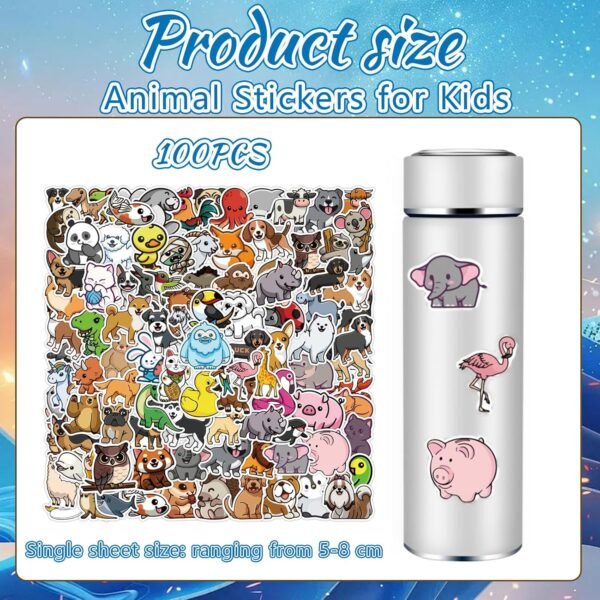 Stickers Animals for Children, Pack of 100 Waterproof Vinyl Sticker Set, Funny Stickers for Laptop, Mobile Phone, Notebooks and More, Gift Idea for Children