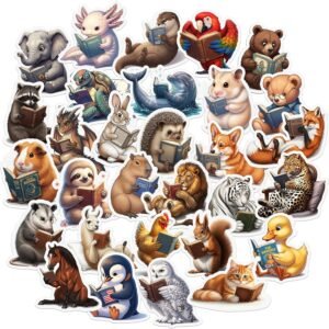 30 PCS Reading Animals Vinyl Stickers Set, Cute Book-Themed Designs,Love Reading,Waterproof Decals for Laptops and Water Bottles